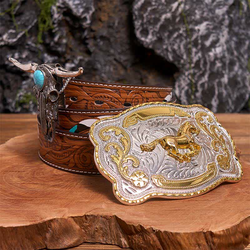 Set di ciondoli fai da te con fibbia per cintura a forma di cavallo dorato e toro dalle lunghe corna color turchese - Cavallo - Cintura di piume marroni - 40 - image 0