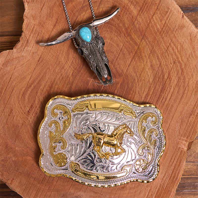 Set di ciondoli fai da te con fibbia per cintura a forma di cavallo dorato e toro dalle lunghe corna color turchese - Cavallo - Senza cintura - Cintura non inclusa - image 1