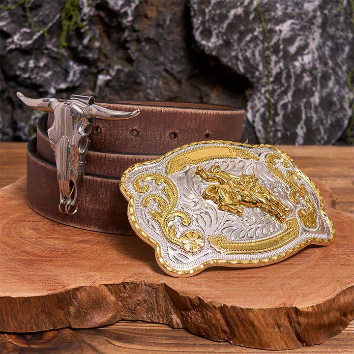 Set di ciondoli fai da te con fibbia per cintura da equitazione a forma di toro dalle corna lunghe - Cavallo - Cintura marrone anticata - 42 - image 6