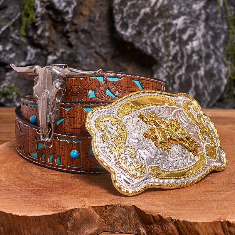 Set di ciondoli fai da te con fibbia per cintura da equitazione a forma di toro dalle corna lunghe - Cavallo - Cintura intagliata turchese - 42 - image 4