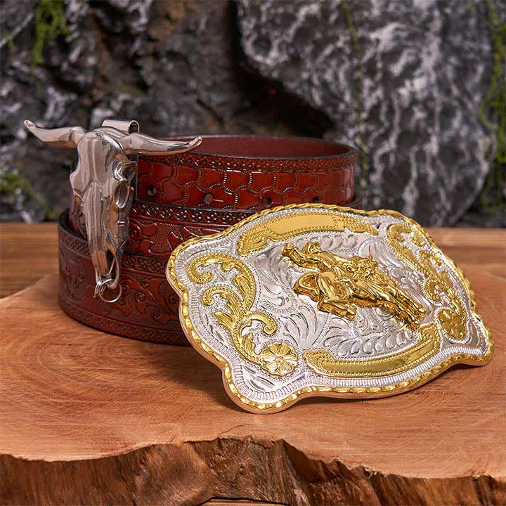 Set di ciondoli fai da te con fibbia per cintura da equitazione a forma di toro dalle corna lunghe - Cavallo - Cintura marrone intagliata - 42 - image 7