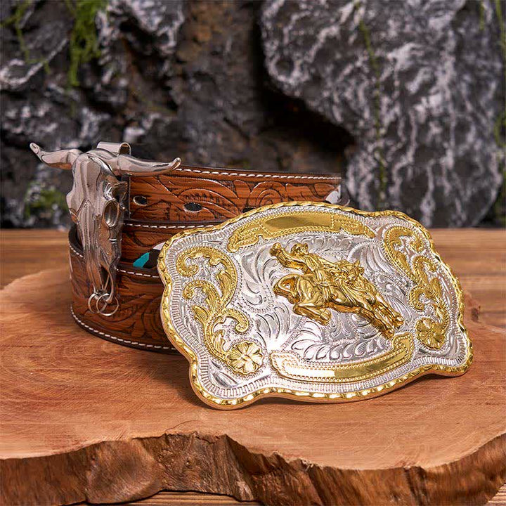 Set di ciondoli fai da te con fibbia per cintura da equitazione a forma di toro dalle corna lunghe - Cavallo - Cintura di piume marroni - 40 - image 0