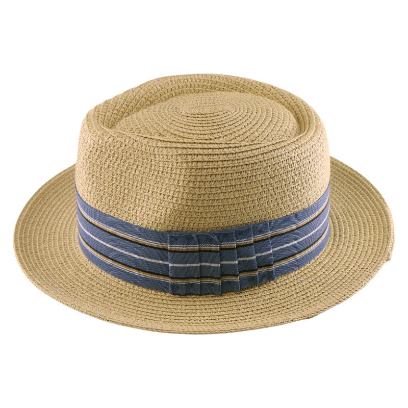 Cappello da cowboy intrecciato con fiocco a righe colorate da uomo - Beige - Fascia a strisce blu - Regolabile (21 5/8"-23 1/4") - image 6