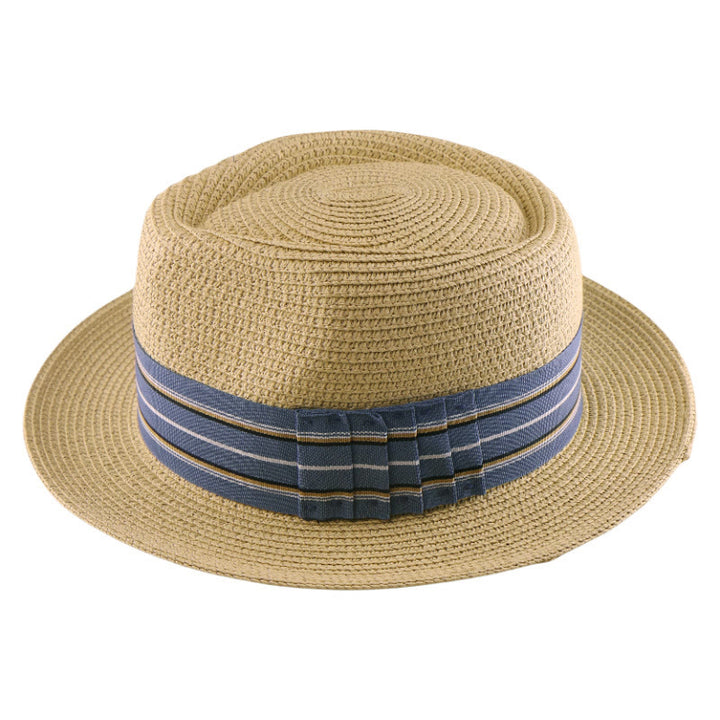 Cappello da cowboy intrecciato con fiocco a righe colorate da uomo - Beige - Fascia a strisce blu - Regolabile (21 5/8"-23 1/4") - image 6