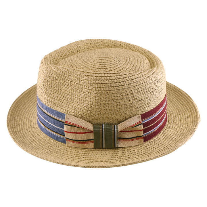 Cappello da cowboy intrecciato con fiocco a righe colorate da uomo - Beige - Papillon colorato con giunzioni - Regolabile (21 5/8"-23 1/4") - image 2