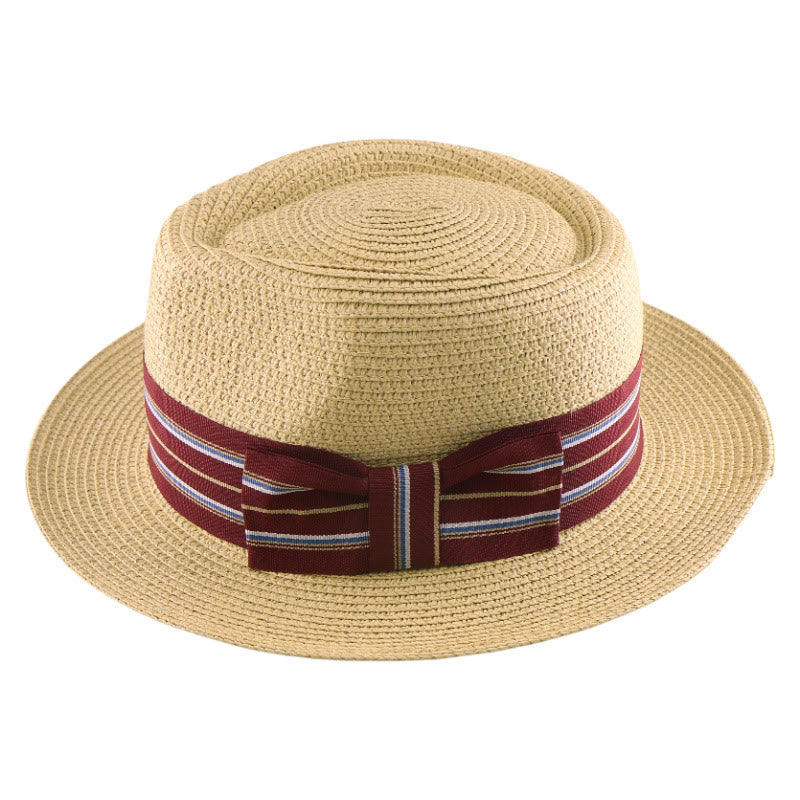Cappello da cowboy intrecciato con fiocco a righe colorate da uomo - Beige - Fascia a righe rosso vino - Regolabile (21 5/8"-23 1/4") - image 9