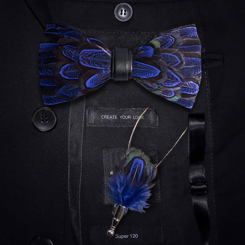 Papillon con piume di pavone blu reale e nere e spilla da bavero - Blu notte e nero - image 0