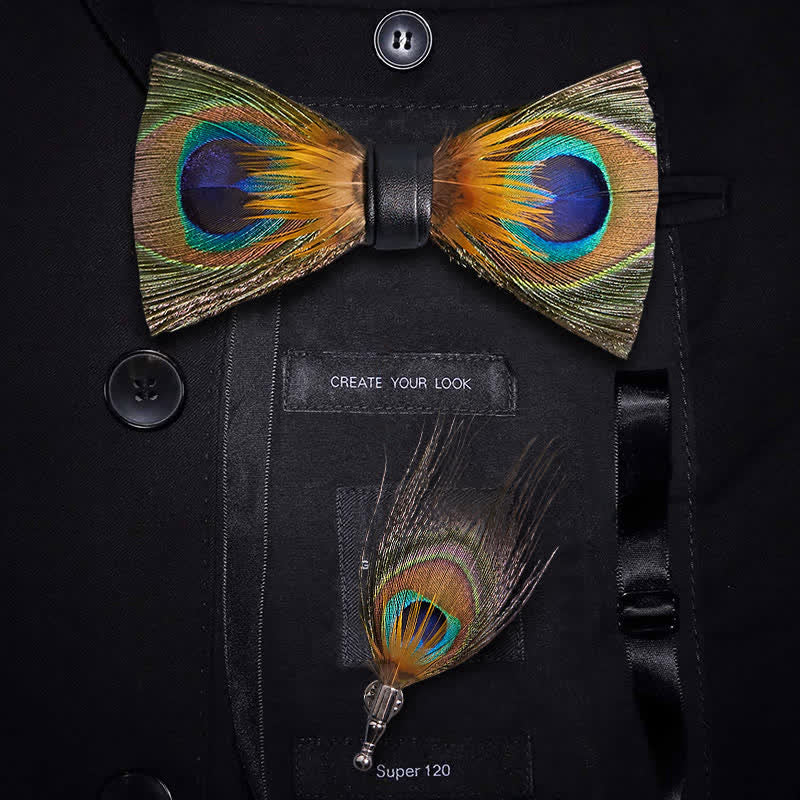 Papillon con piume di pavone verde e spilla da bavero - Verde - image 0