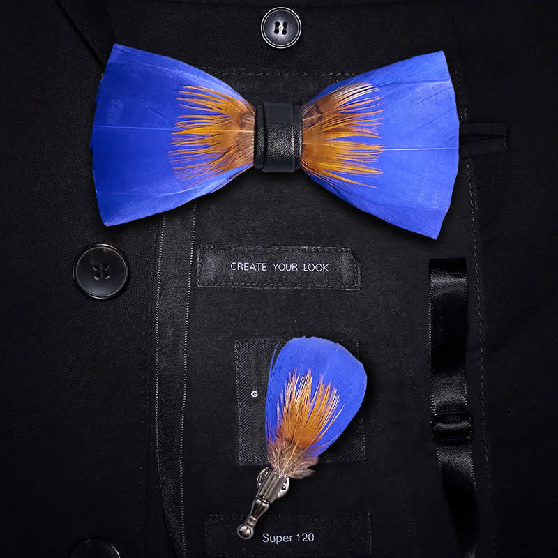 Papillon con piume blu reale e arancioni con spilla da bavero - Blu reale e arancione - image 0