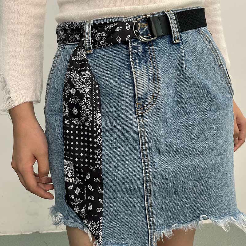 Cintura in seta stampata nera a doppio anello alla moda - Nero - image 0