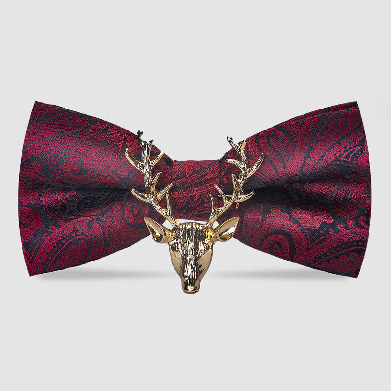 Papillon da uomo con decorazione testa di alce natalizia Paisley - Borgogna e oro - image 0