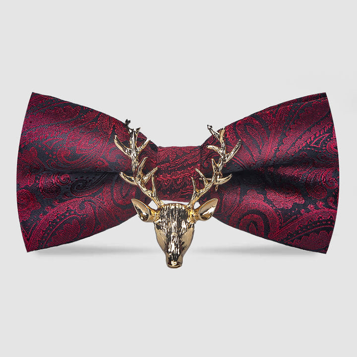 Papillon da uomo con decorazione testa di alce natalizia Paisley - Borgogna e oro - image 0