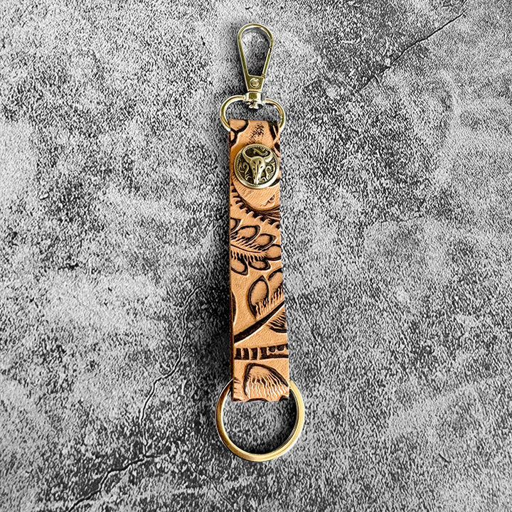 Portachiavi con ciondolo in vera pelle goffrata Western - Testa di toro marrone - image 2