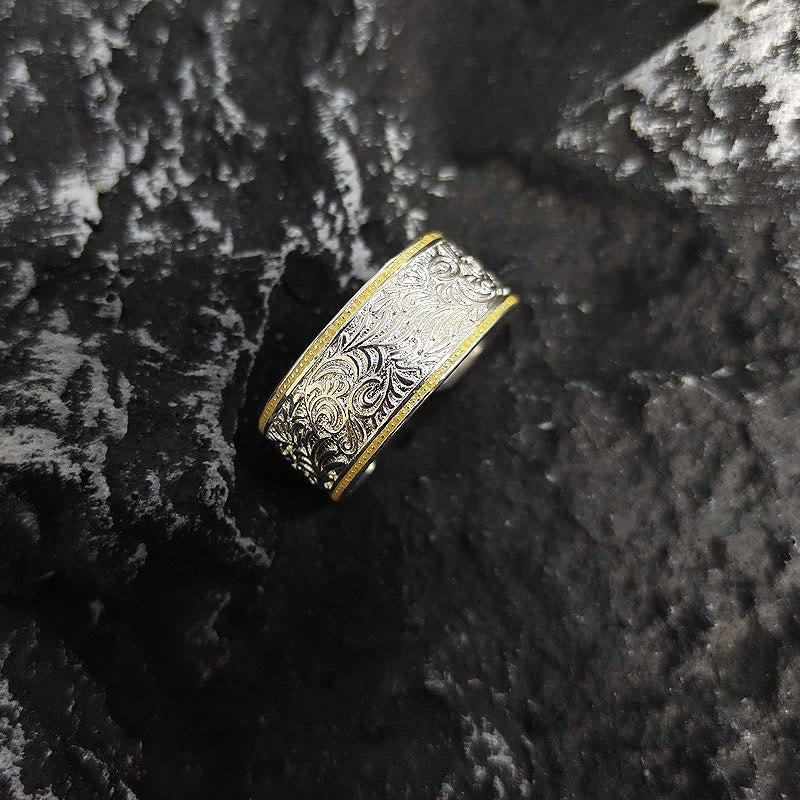 Anello con motivo erba in oro e argento con apertura regolabile - image 1