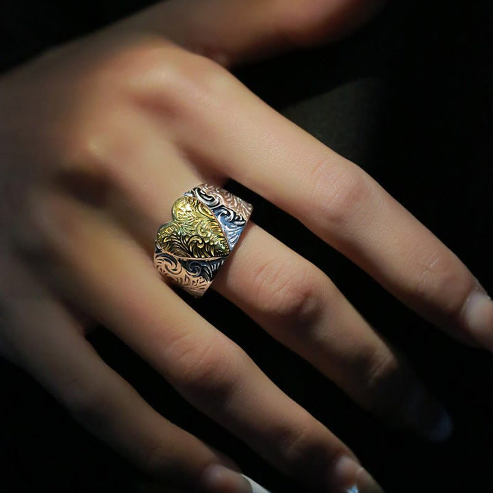 Anello regolabile con motivo a cuore in oro e argento a contrasto - image 1