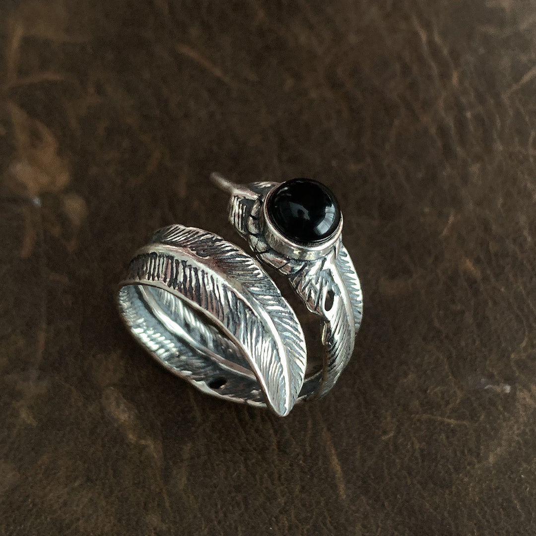 Anello vintage in argento smaltato con piuma nera - Argento - Regolabile - image 0