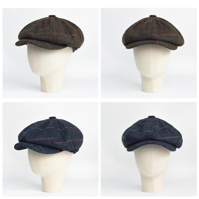 Cappello basco ottagonale in misto lana calda a spina di pesce e a quadri - image 6
