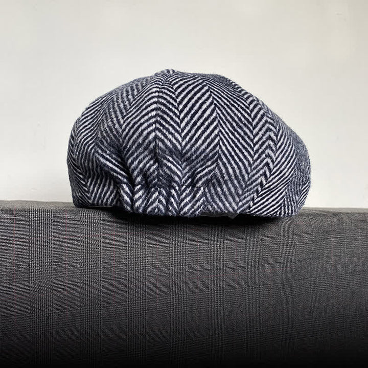Cappello basco ottagonale invernale in lana con motivo a spina di pesce blu navy - image 3