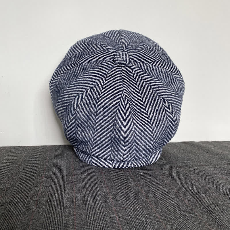 Cappello basco ottagonale invernale in lana con motivo a spina di pesce blu navy - image 2