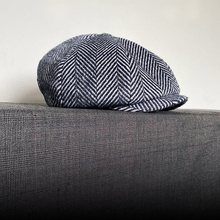 Cappello basco ottagonale invernale in lana con motivo a spina di pesce blu navy - image 4