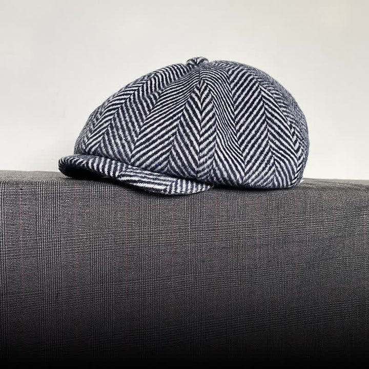 Cappello basco ottagonale invernale in lana con motivo a spina di pesce blu navy - image 5