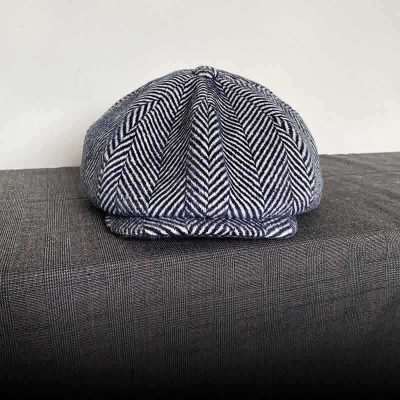 Cappello basco ottagonale invernale in lana con motivo a spina di pesce blu navy - image 1