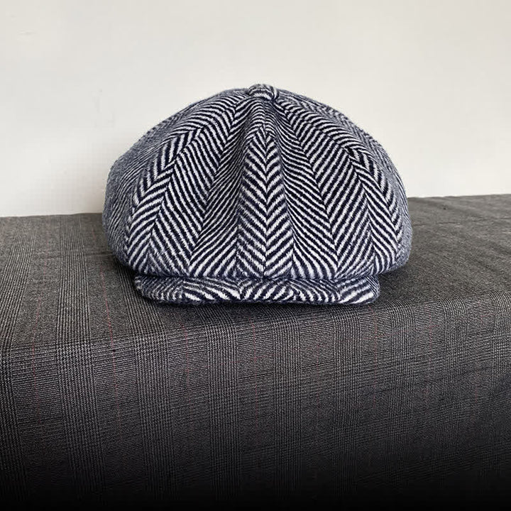 Cappello basco ottagonale invernale in lana con motivo a spina di pesce blu navy - image 1