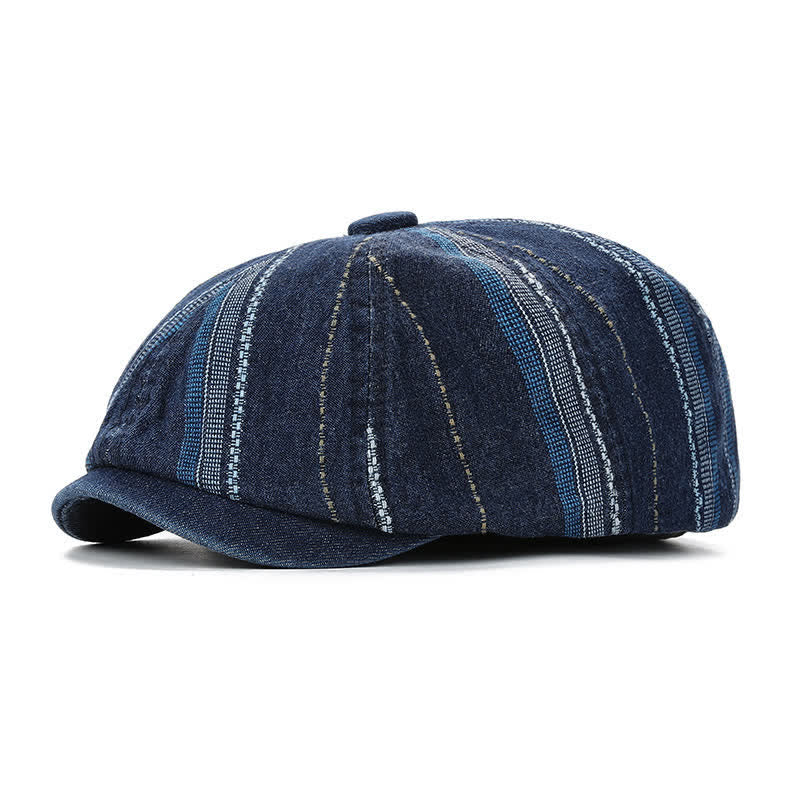 Cappello berretto ottagonale con berretto da newsboy a righe in denim - Blu scuro - Regolabile (22"-23 1/4") - image 0