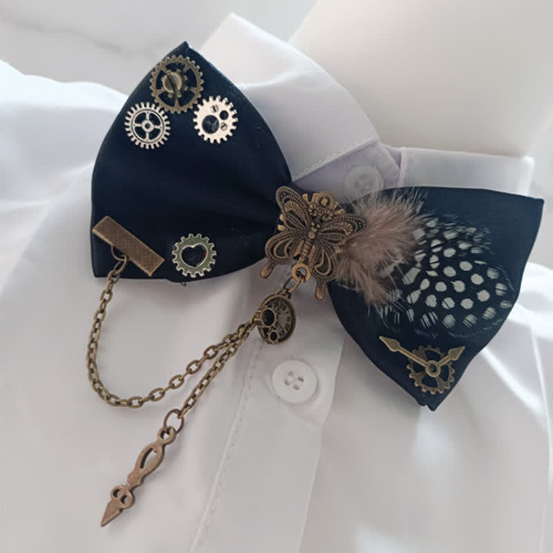 Papillon con piume e pois bianchi in stile steampunk - image 2