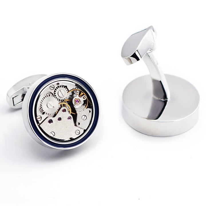 Gemelli con anello blu a forma di ingranaggi steampunk con movimenti meccanici - Argento - image 0