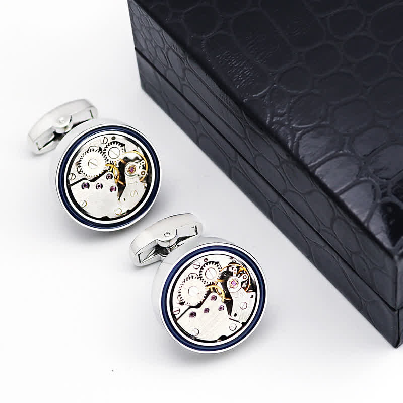 Gemelli con anello blu a forma di ingranaggi steampunk con movimenti meccanici - image 5