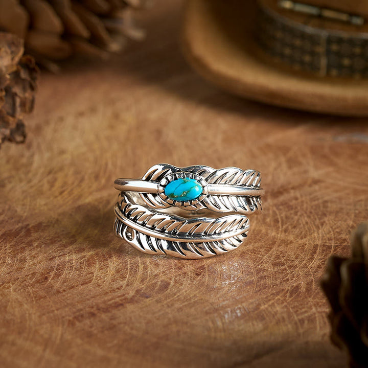 Anello in argento con piuma turchese intarsiata in stile bohémien - Argento - Regolabile - image 0