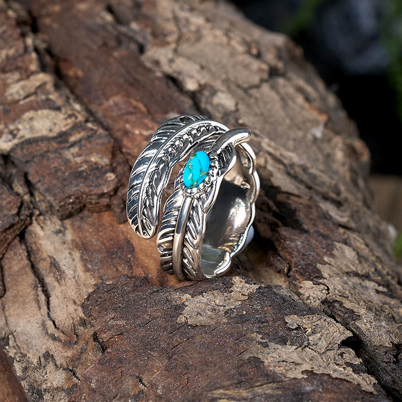 Anello in argento con piuma turchese intarsiata in stile bohémien - image 3