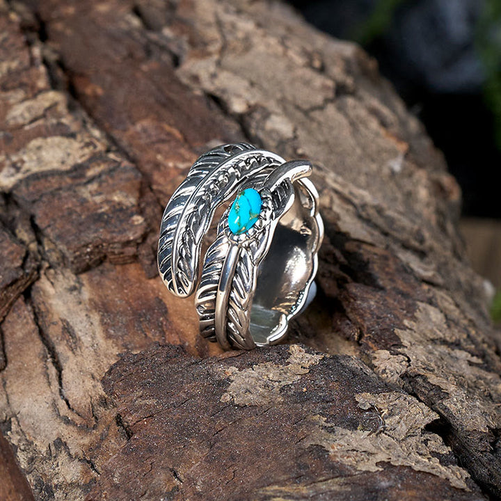 Anello in argento con piuma turchese intarsiata in stile bohémien - image 3
