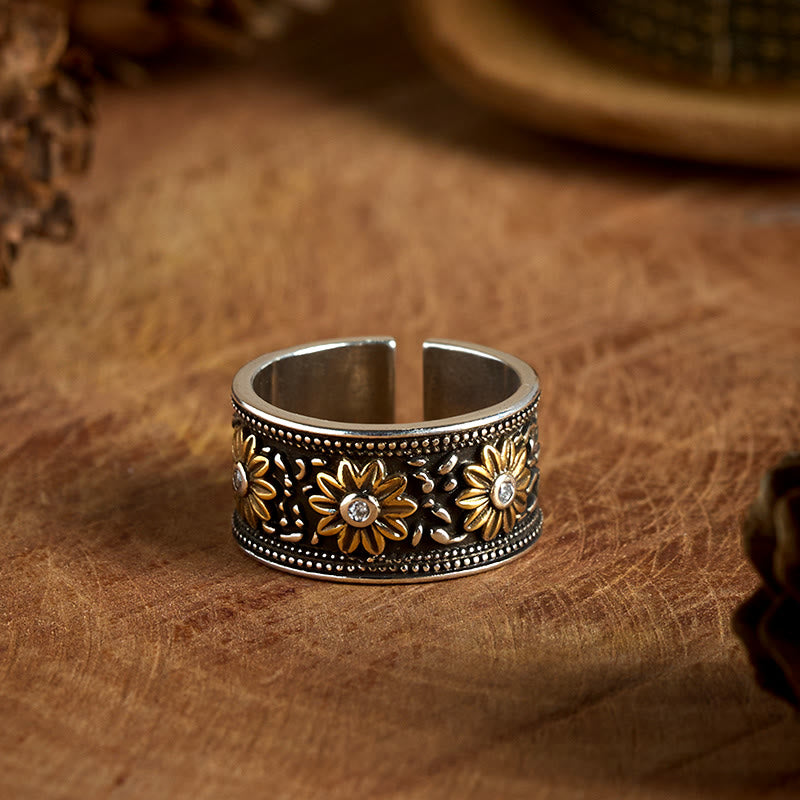 Anello regolabile con fiore tinto nero in argento retrò - Argento - Regolabile - image 0