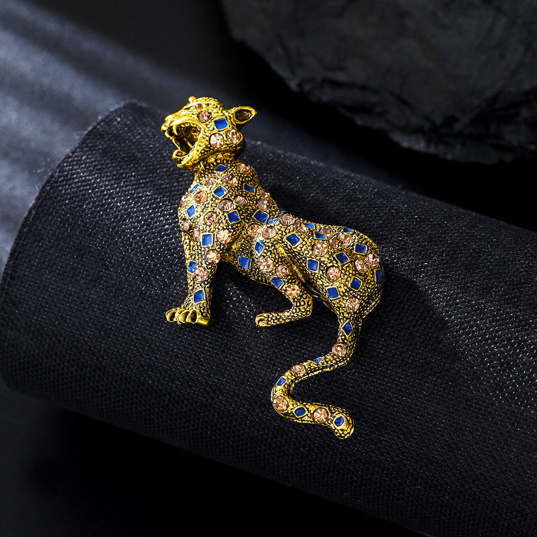 Spilla leopardo quadrata blu con diamanti dorati - D'oro - image 0
