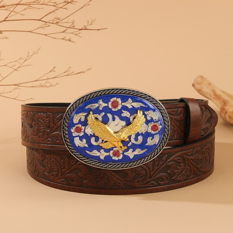 Cintura in pelle con fibbia blu e motivo floreale in rilievo Gold Eagle - Blu e oro - 40 - image 0