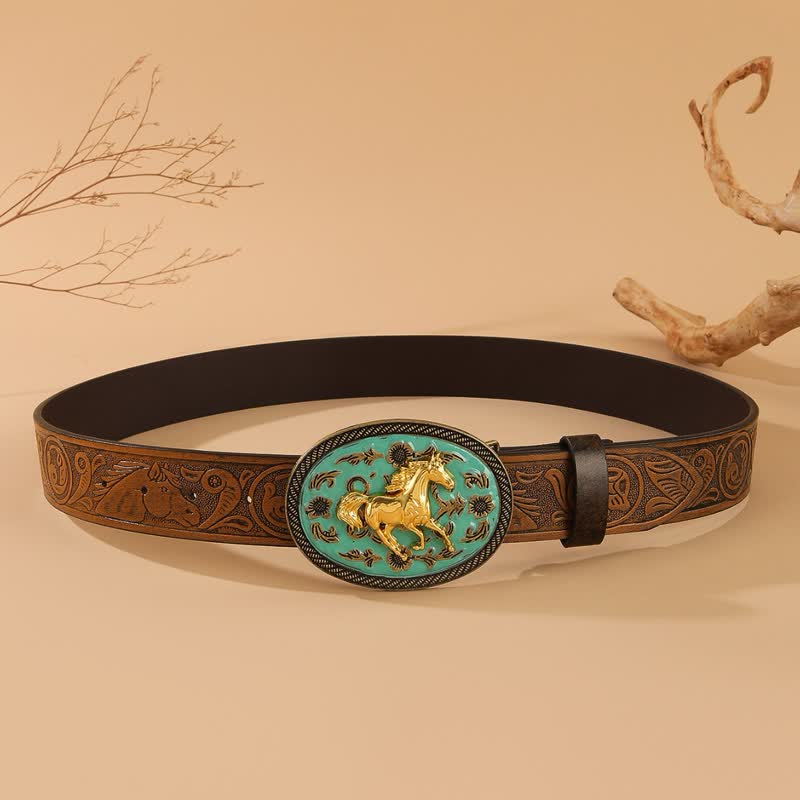 Cintura in pelle con stampa di cavallo e fibbia color turchese Gold Horse - image 3