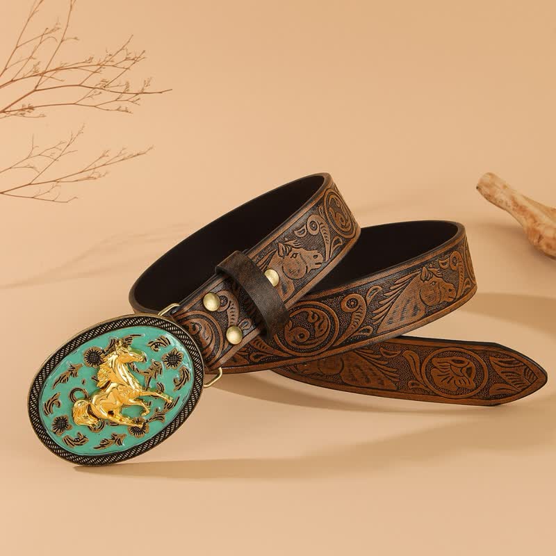 Cintura in pelle con stampa di cavallo e fibbia color turchese Gold Horse - image 2
