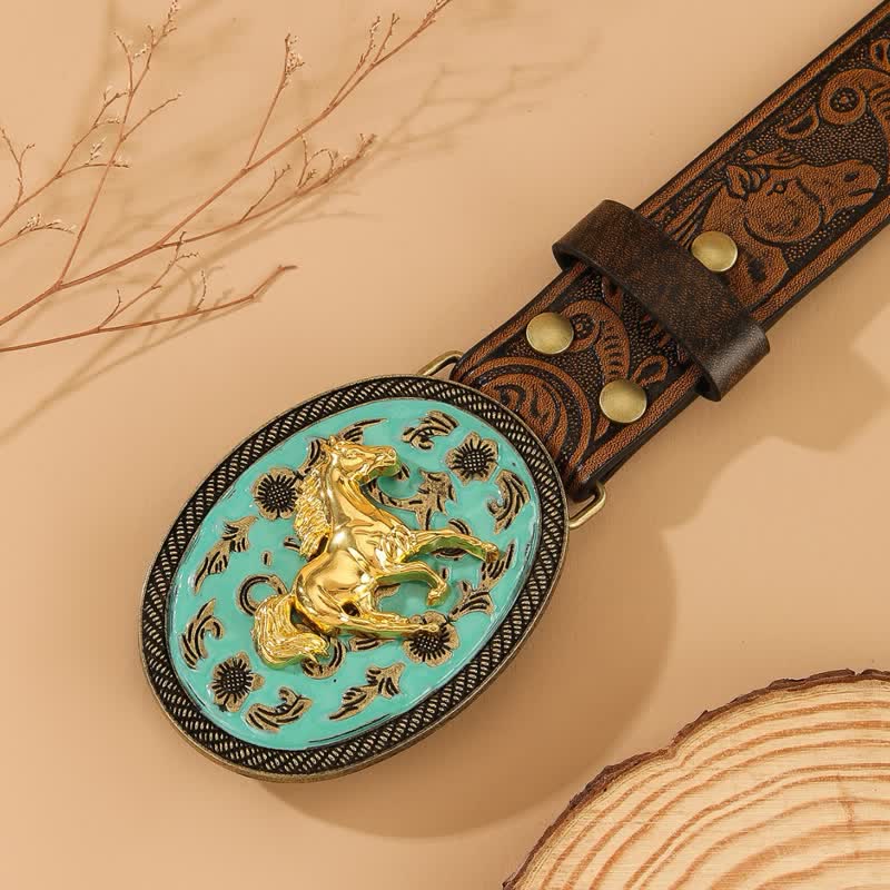 Cintura in pelle con stampa di cavallo e fibbia color turchese Gold Horse - image 1