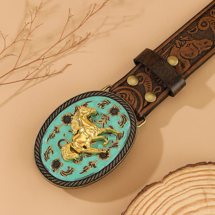 Cintura in pelle con stampa di cavallo e fibbia color turchese Gold Horse - image 1