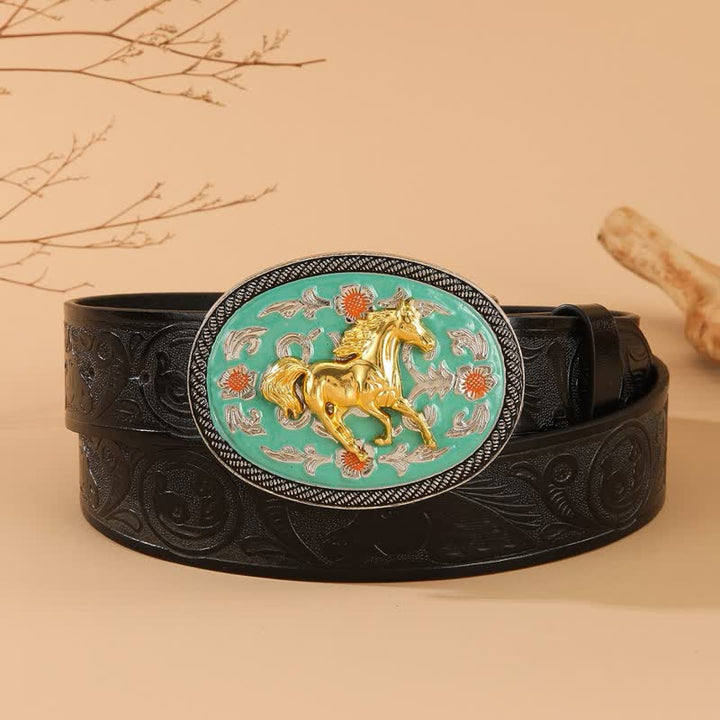Cintura in pelle goffrata nera con fibbia turchese a tema cavallo - Turchese e oro - 40 - image 0