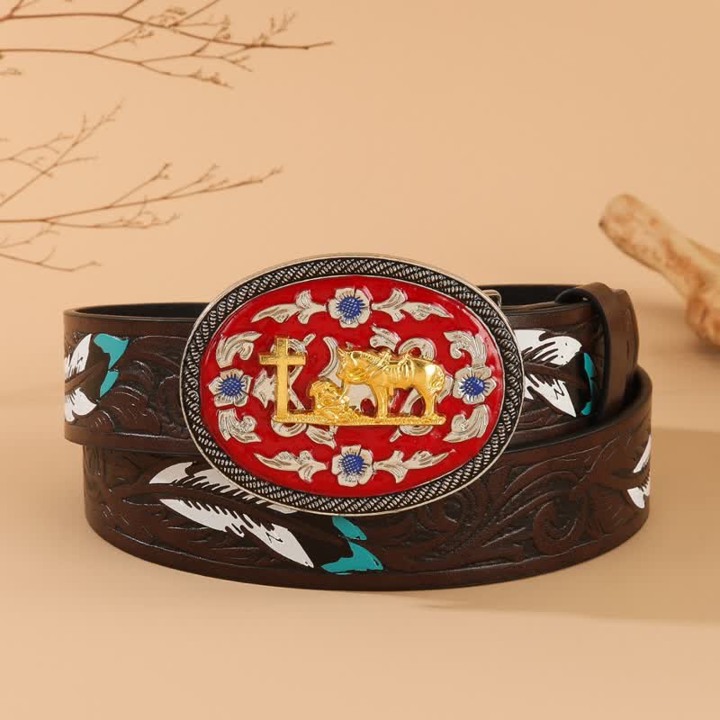 Cintura in pelle con fibbia rossa e piuma marrone a forma di croce di cavallo in preghiera - Rosso e oro - 40 - image 0