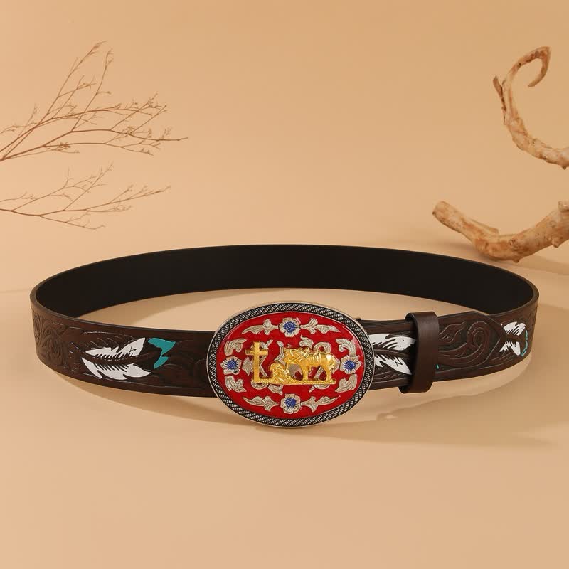 Cintura in pelle con fibbia rossa e piuma marrone a forma di croce di cavallo in preghiera - image 3