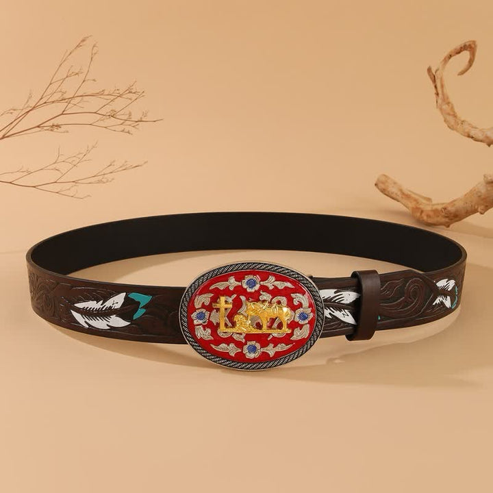 Cintura in pelle con fibbia rossa e piuma marrone a forma di croce di cavallo in preghiera - image 3