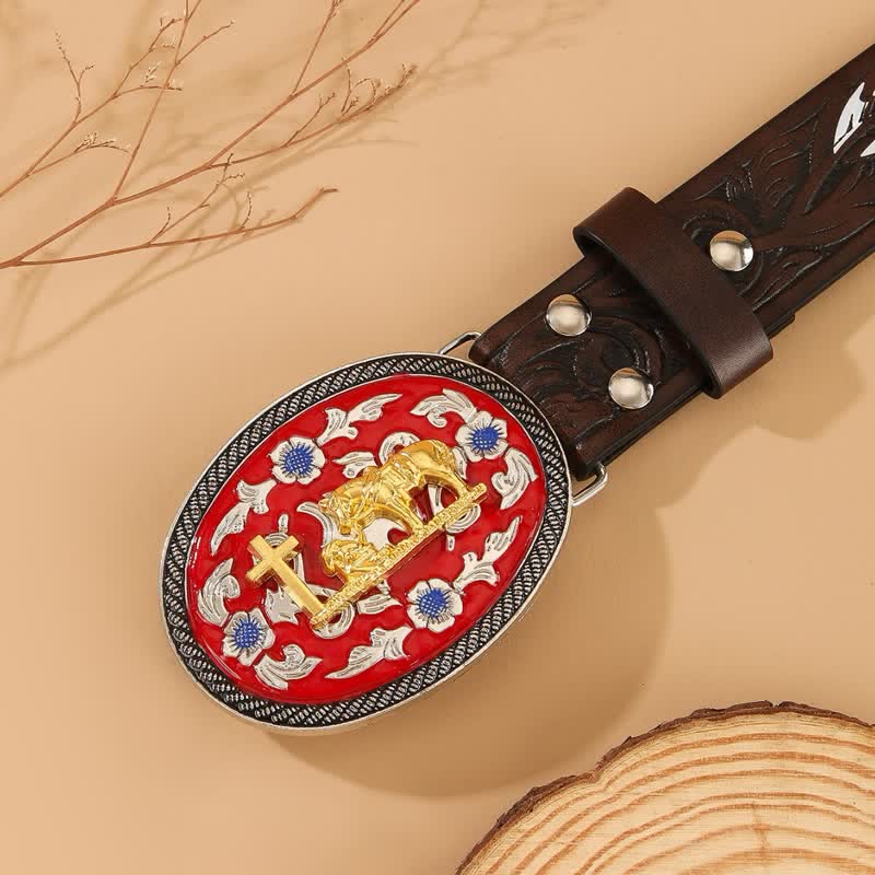 Cintura in pelle con fibbia rossa e piuma marrone a forma di croce di cavallo in preghiera - image 1