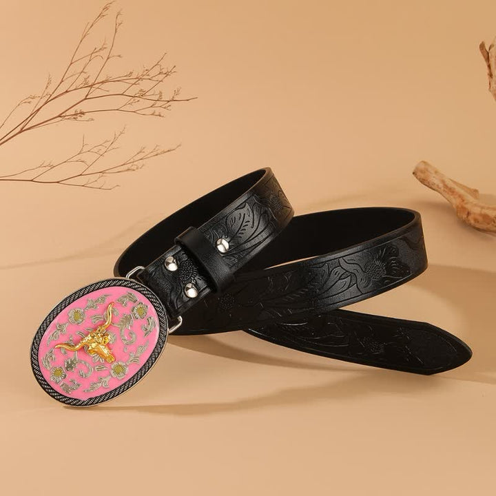 Cintura in pelle goffrata con fibbia rosa a tema toro - image 2