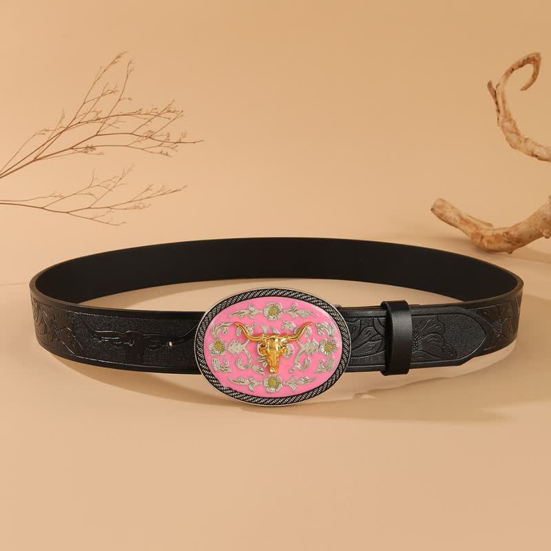 Cintura in pelle goffrata con fibbia rosa a tema toro - image 3
