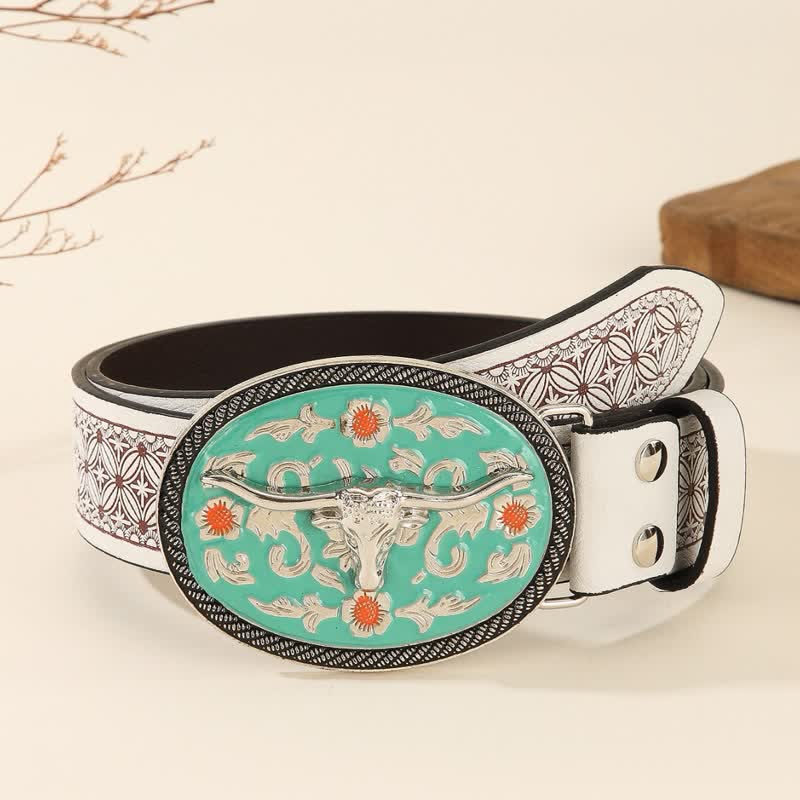 Cintura in pelle goffrata con fibbia color turchese Longhorn Bull - Turchese-Tone - 40 - image 0
