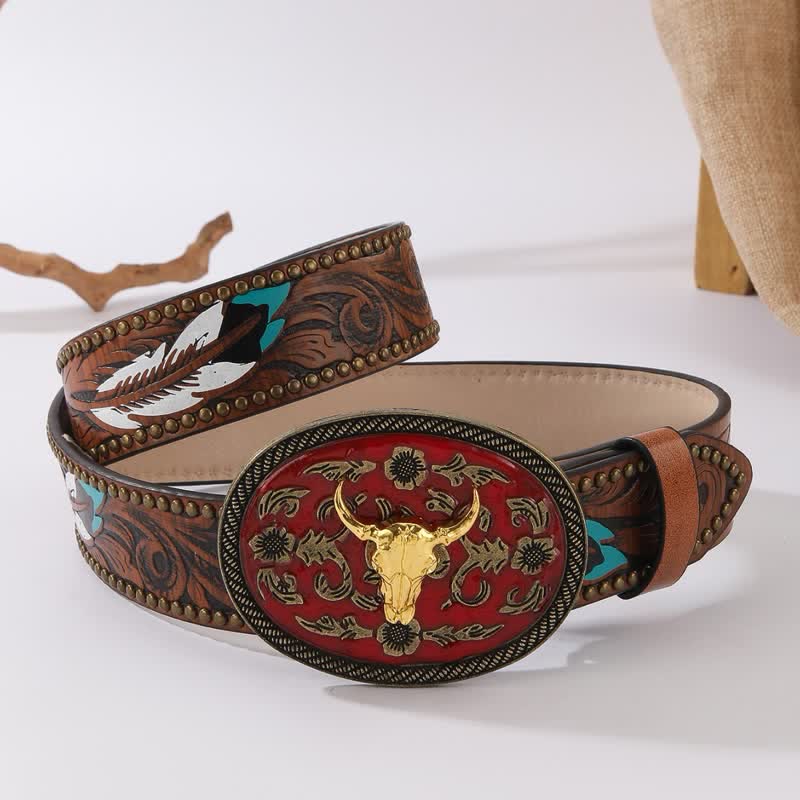 Cintura in pelle con fibbia rosso scuro e rivetti a forma di piuma Longhorn Bull - Rosso scuro e oro - 38 - image 0